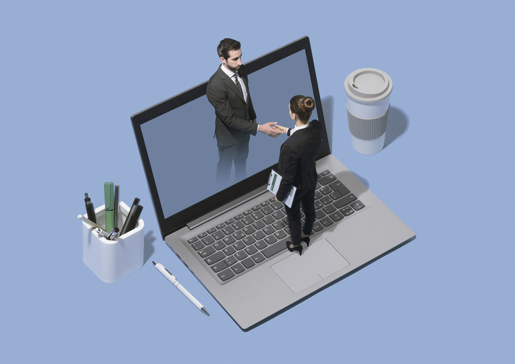 Business people meeting online and shaking hands
